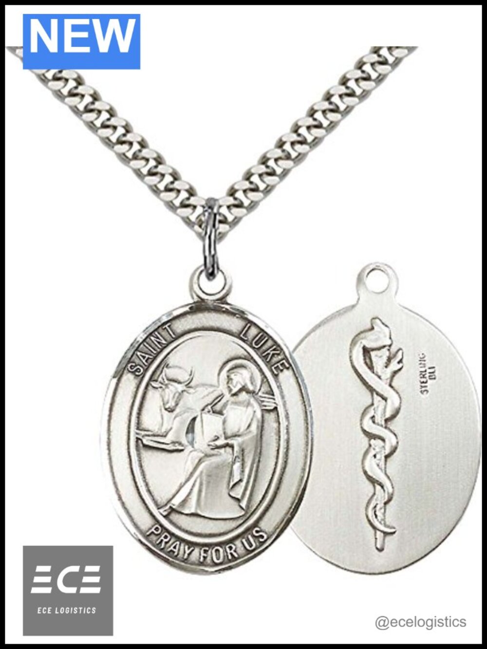Sterling Silver St. Luke Apostle Pendant Necklace 24" Heavy Curb Chain Gift Box